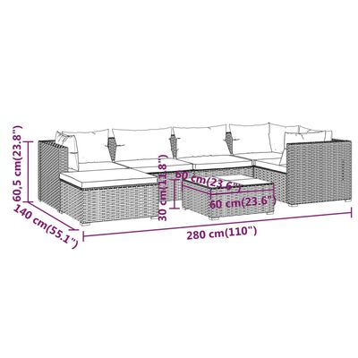 vidaXL 7-delige Loungeset met kussens poly rattan grijs