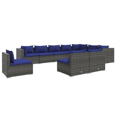 vidaXL 10-delige Loungeset met kussens poly rattan grijs