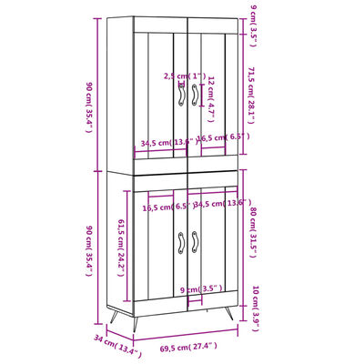 vidaXL Hoge kast 69,5x34x180 cm bewerkt hout hoogglans wit