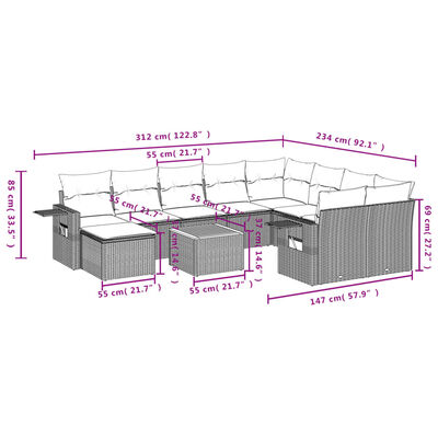 vidaXL 11-delige Loungeset met kussens poly rattan zwart