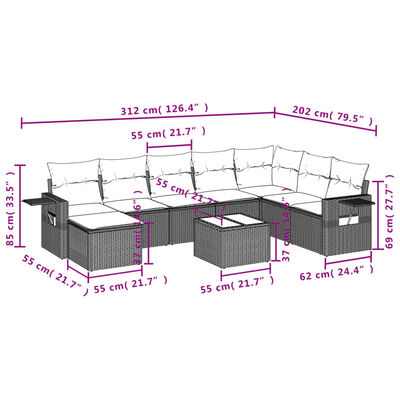 vidaXL 9-delige Loungeset met kussens poly rattan zwart