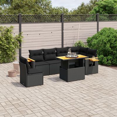 vidaXL 7-delige Loungeset met kussens poly rattan zwart