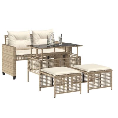 vidaXL 4-delige Loungeset met kussens poly rattan en glas beige