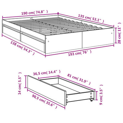 vidaXL Bedframe met lades bewerkt hout grijs sonoma eiken 135x190 cm