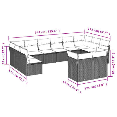 vidaXL 12-delige Loungeset met kussens poly rattan bruin