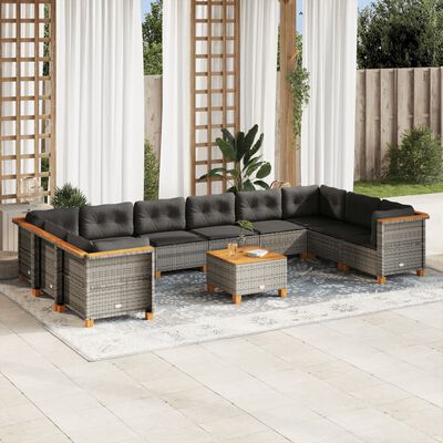 vidaXL 11-delige Loungeset met kussens poly rattan grijs