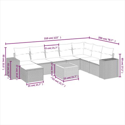 vidaXL 9-delige Loungeset met kussens poly rattan grijs