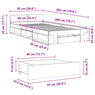 vidaXL Bedframe met lade bewerkt hout sonoma eikenkleurig 90x200 cm