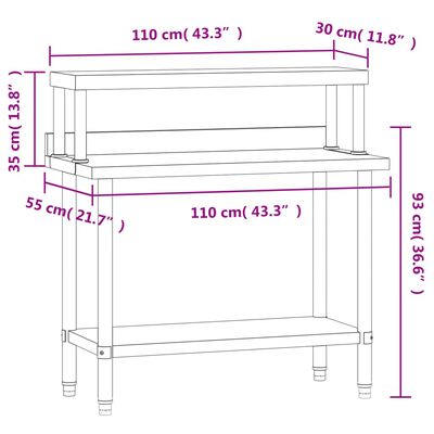 vidaXL Keukenwerktafel met bovenschap 110x55x120 cm roestvrij staal