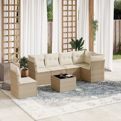 vidaXL 7-delige Loungeset met kussens poly rattan beige