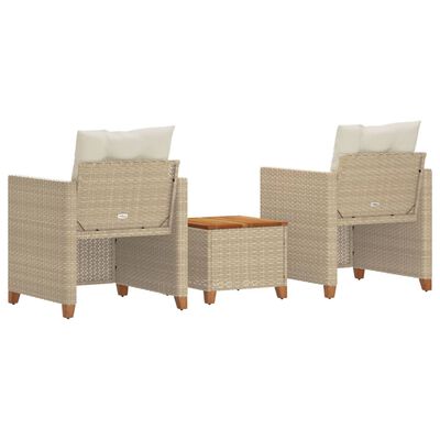 vidaXL 3-delige Bistroset met kussens poly rattan en acaciahout beige