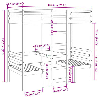 vidaXL Hoogslaper met bureau en stoelen grenenhout wit 90x190 cm