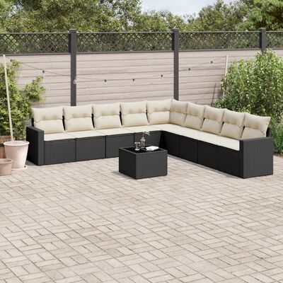 vidaXL 10-delige Loungeset met kussens poly rattan zwart