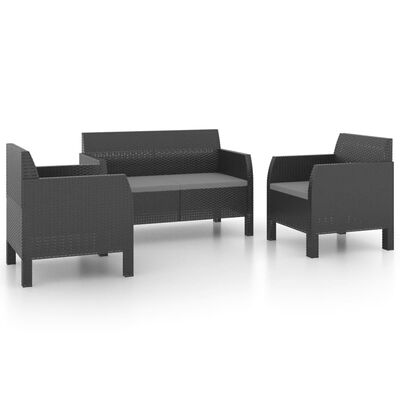 vidaXL 3-delige Loungeset met kussens PP rattan antracietkleurig