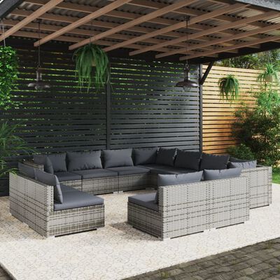 vidaXL 11-delige Loungeset met kussens poly rattan grijs