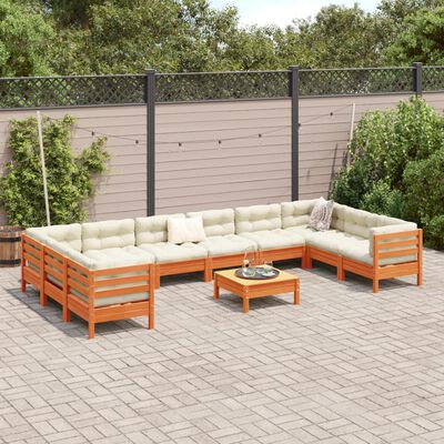 vidaXL 11-delige Loungeset met kussens massief grenenhout wasbruin