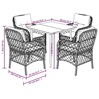 vidaXL 5-delige Tuinset met kussens poly rattan zwart