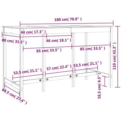 vidaXL Bartafel 180x80x110 cm massief grenenhout wit