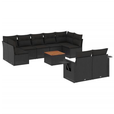 vidaXL 10-delige Loungeset met kussens poly rattan zwart