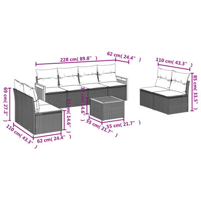 vidaXL 9-delige Loungeset met kussens poly rattan beige