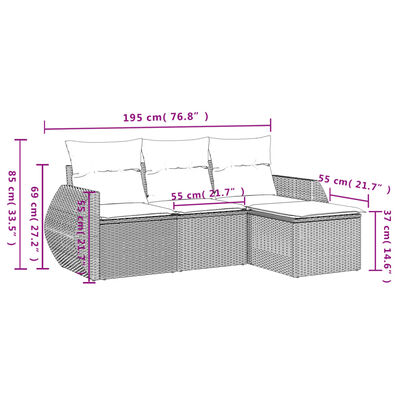 vidaXL 4-delige Loungeset met kussens poly rattan lichtgrijs