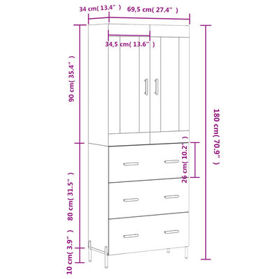 vidaXL Hoge kast 69,5x34x180 cm bewerkt hout betongrijs