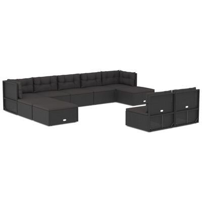 vidaXL 10-delige Loungeset met kussens poly rattan zwart