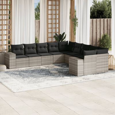 vidaXL 10-delige Loungeset met kussens poly rattan lichtgrijs