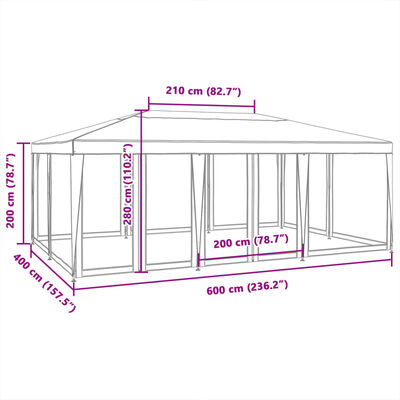 vidaXL Partytent met 10 mesh zijwanden 6x4 m HDPE wit