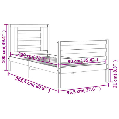 vidaXL Bedframe met hoofdbord massief hout wit 90x200 cm