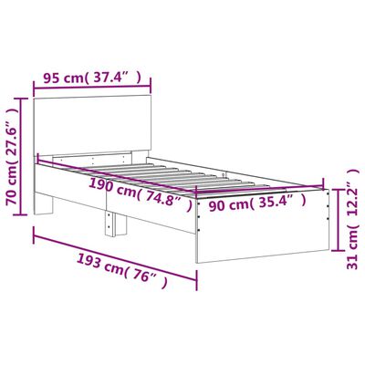 vidaXL Bedframe met hoofdbord en LED grijs sonoma eikenkleur 90x190 cm