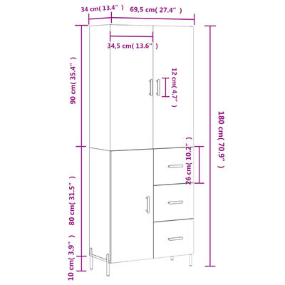 vidaXL Hoge kast 69,5x34x180 cm bewerkt hout wit