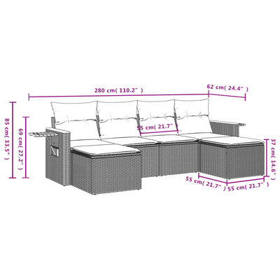 vidaXL 6-delige Loungeset met kussens poly rattan beige