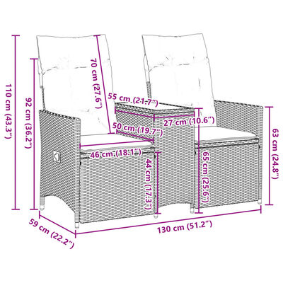 vidaXL Tuinbank 2-zits verstelbaar met tafel poly rattan beige