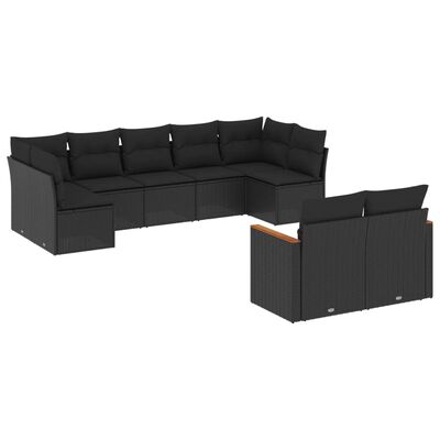 vidaXL 9-delige Loungeset met kussens poly rattan zwart