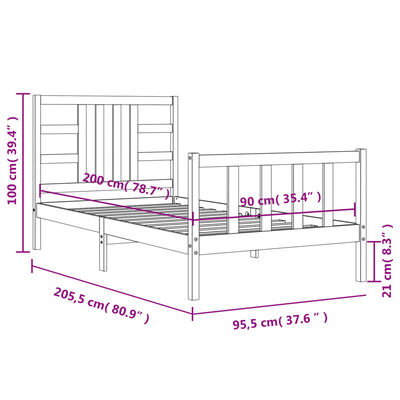 vidaXL Bedframe met hoofdbord massief hout zwart 90x200 cm