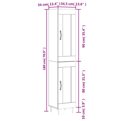 vidaXL Hoge kast 34,5x34x180 cm bewerkt hout wit