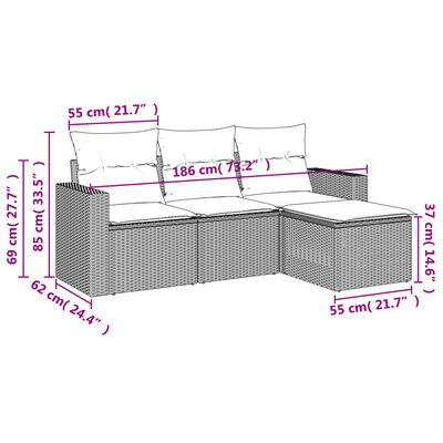 vidaXL 4-delige Loungeset met kussens poly rattan bruin