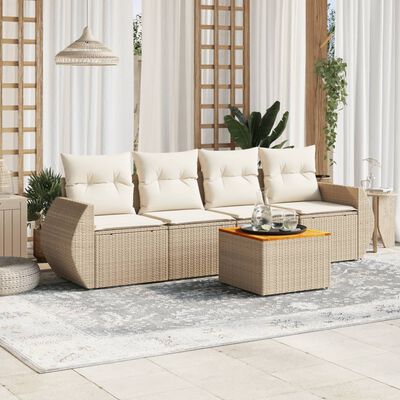 vidaXL 5-delige Loungeset met kussens poly rattan beige