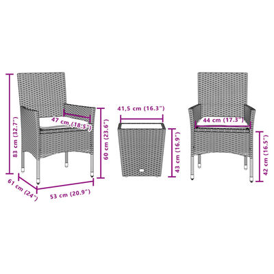 vidaXL 3-delige Bistroset met kussens poly rattan en glas beige