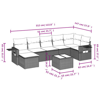 vidaXL 8-delige Loungeset met kussens poly rattan grijs