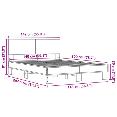 vidaXL Bedframe bewerkt hout metaal bruin eikenkleur 140x200 cm