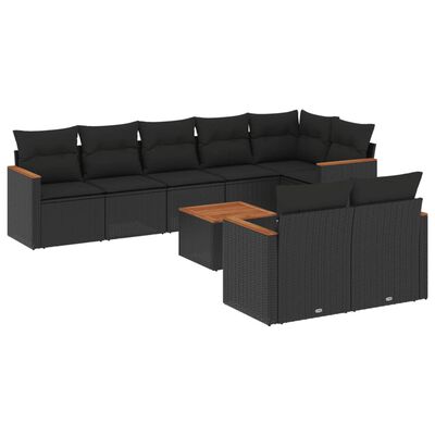 vidaXL 9-delige Loungeset met kussens poly rattan zwart