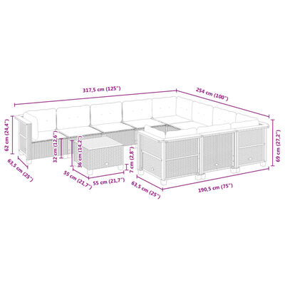 vidaXL 11-delige Loungeset met kussens poly rattan grijs