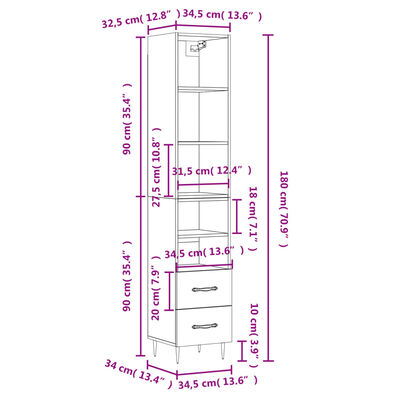 vidaXL Hoge kast 34,5x34x180 cm bewerkt hout grijs sonoma eikenkleurig