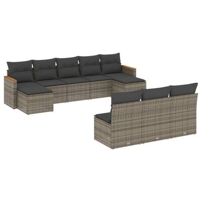 vidaXL 10-delige Loungeset met kussens poly rattan grijs