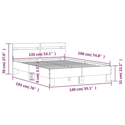 vidaXL Bedframe met hoofdeinde en LED bruin eikenkleur 135x190 cm