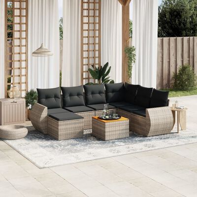 vidaXL 8-delige Loungeset met kussens poly rattan grijs