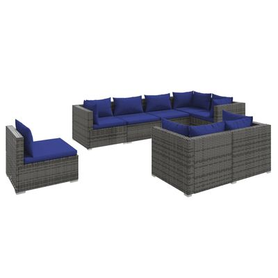 vidaXL 8-delige Loungeset met kussens poly rattan grijs