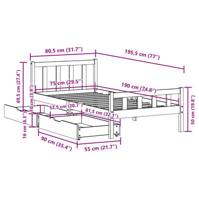 vidaXL Bedframe zonder matras massief grenenhout 75x190 cm